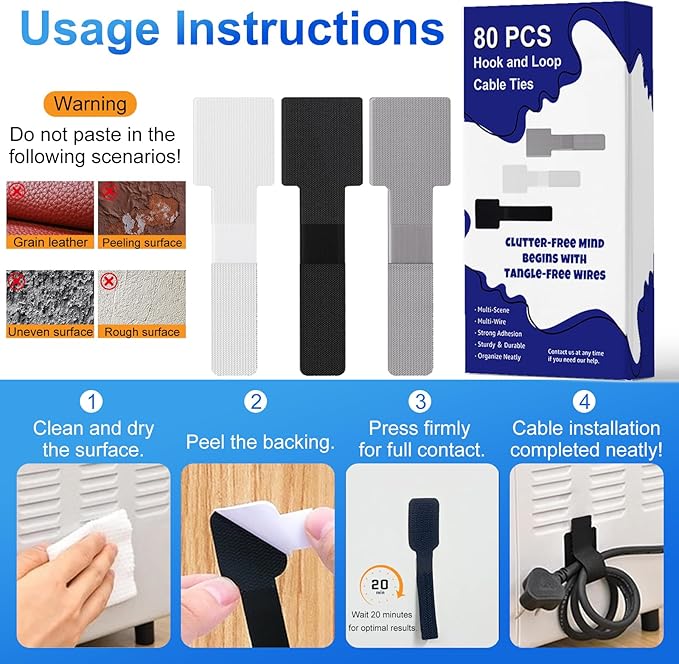 80Pcs Hook and Loop Cable Ties Under Desk Cable Management Adhesive Strips for Cord Hider Wire Organizer Computer Accessories for Desk Home Office Organization Essentials - 40 Black + 40 White