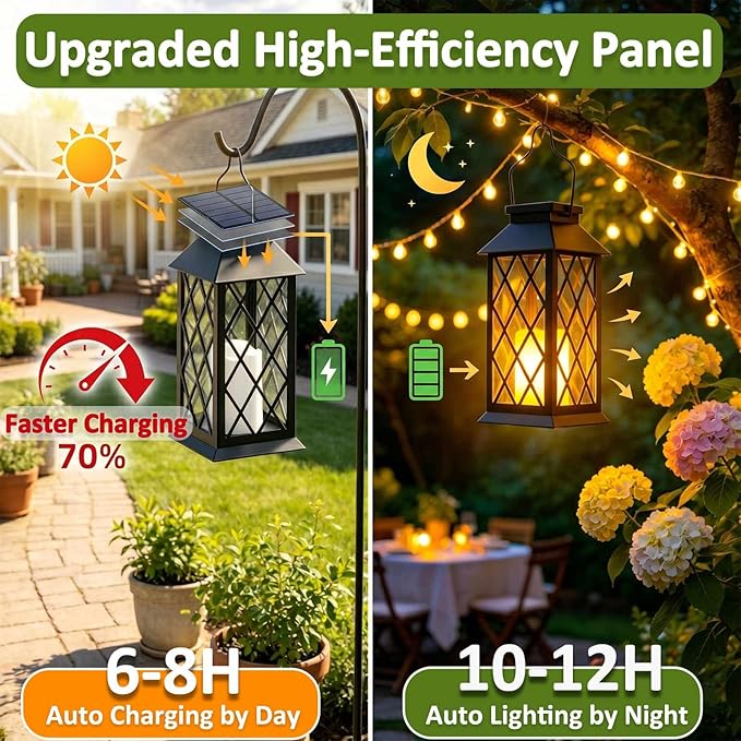 Solar Lanterns Outdoor Waterproof, Flickering Candles Hanging Solar Lights for Outside Garden Patio Wall Porch Decorative, Lamp with Upgraded Solar Panel, Tempered Glass & Clip, Black 2 Pack