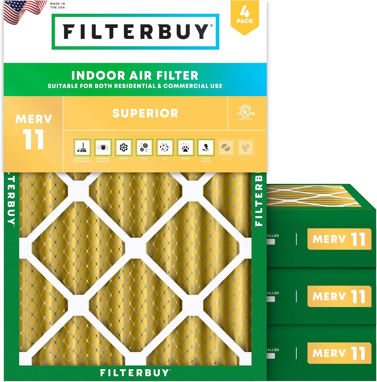 Filterbuy 18x24x4 Air Filter MERV 11 (MPR 1200) Allergen Defense Replacement (4-Pack), Electrostatic Pleated HVAC AC Furnace Filters, Made in USA (Actual Size: 17.50 x 23.38 x 3.63)