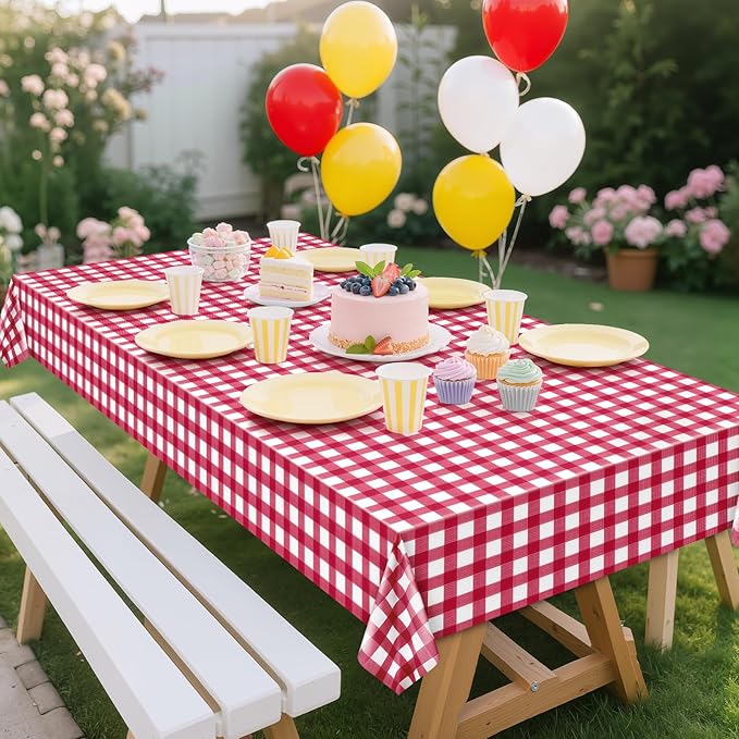 4 Pack Red Striped Gingham Tablecloths, 54 x 108 Inch Disposable Plastic Rectangle Table Covers, Waterproof Red and White Checkered Table Cloths for Picnic, Birthday, Party, Outdoor Events