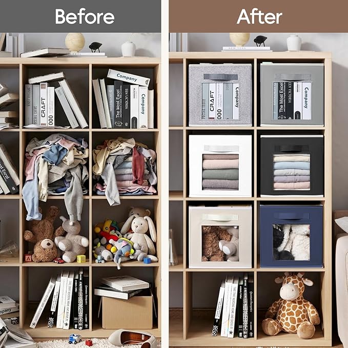 Homsorout Foldable Storage Cubes - Square Organizer with Window, Decorative Baskets for Organizing, Fabric shelf Basket for Clothes, 11 Inch Closet Storage Cubes, Set of 12, Light Grey