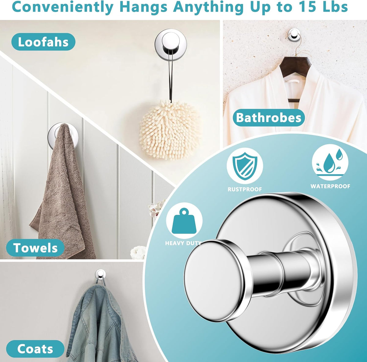 Suction Cup Hooks for Shower,Removable No Drill Towel Hooks,Upgraded 15 lbs Strong Suction hooks for Bathroom Tile,Shower Wall,Glass Door,Kitchen-Loofah,Coat,Stainless Waterproof-Chrome 2 Pcs