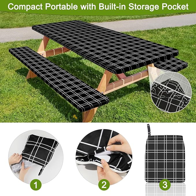 Picnic Table Cover with Bench Covers Portable Table Cloth Built-in Storage Pocket Fitted Tablecloth with Elastic Edges Waterproof Camping Essentials for Indoor Outdoor Rv,72in,Black