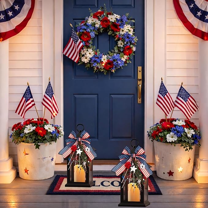 Patriotic Lanterns Decorative Indoor, 14" Black Lantern with Timer Flameless Candle, Battery Operated Waterproof Outdoor Hanging 4th of July Lanterns for Porch, Patio, Patriotic Decorations