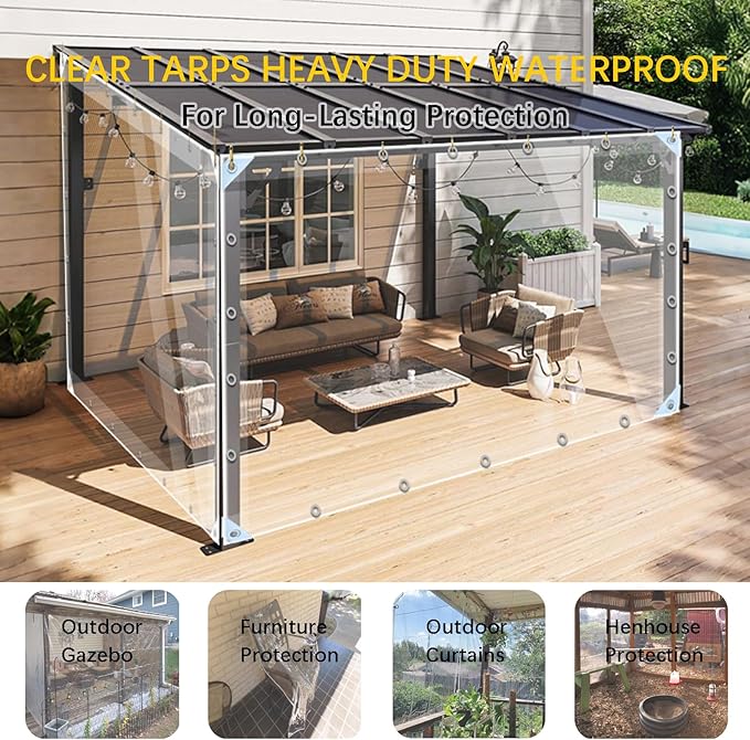 Clear Tarps Heavy Duty PVC, Transparent Tarp Durable Waterproof Dustproof Windproof, Tarpaulin with Grommets & Ropes for Greenhouse, Patio, Garden, Pavilion, Chicken, Porch, Outdoor（5' x 7'）