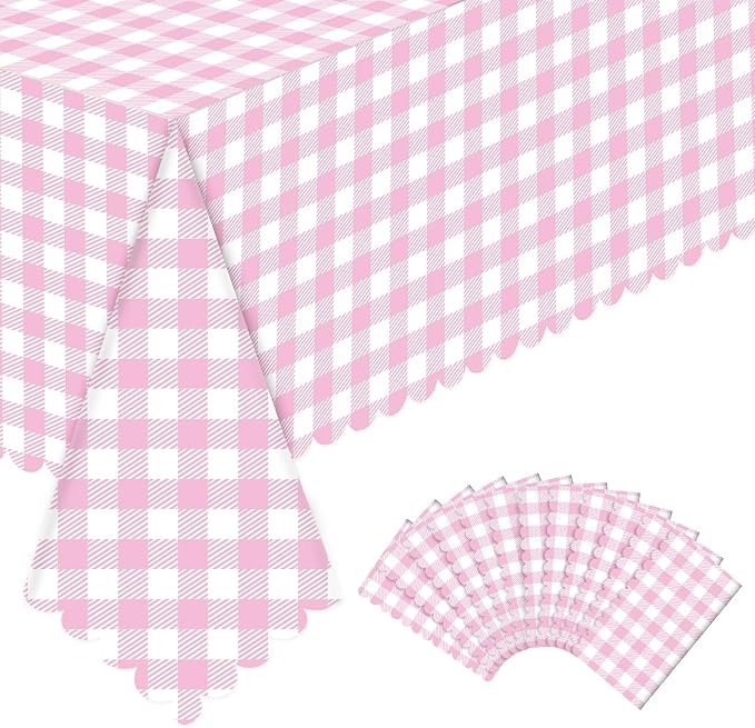 NatNarr 12 Pack Pink Gingham Tablecloths, 54 X 108Inch Scalloped Pink and White Checkered Table Cloth, Disposable Party Table Covers for Wedding Picnic Birthday Baby Bridal Shower Anniversay