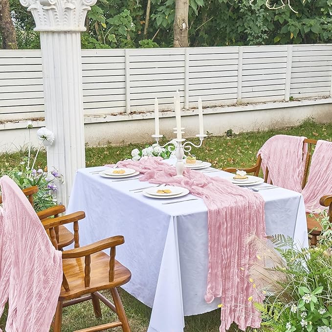 IVAPUPU 2 Pcs Cheesecloth Table Runner - 10ft Pink Boho Gauze Cheese Cloth Table Runners for Baby Shower Decorations Wedding Party Summer Garden Decor