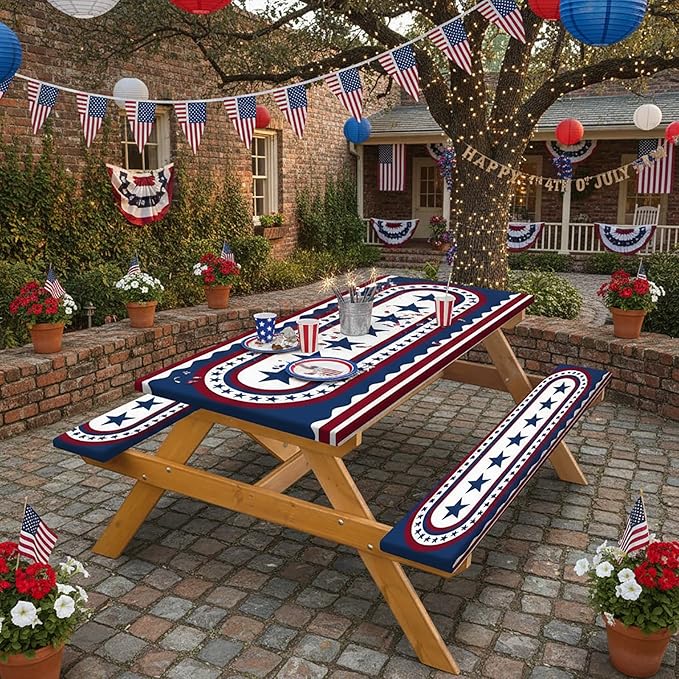JAWO 4th of July Picnic Table Cover with Bench Covers, Patriotic USA Stars Waterproof Elastic Fitted Tablecloth, Independence Day Outdoor Camping Patio Essentials 3PCS with Drawstring Bag,60in