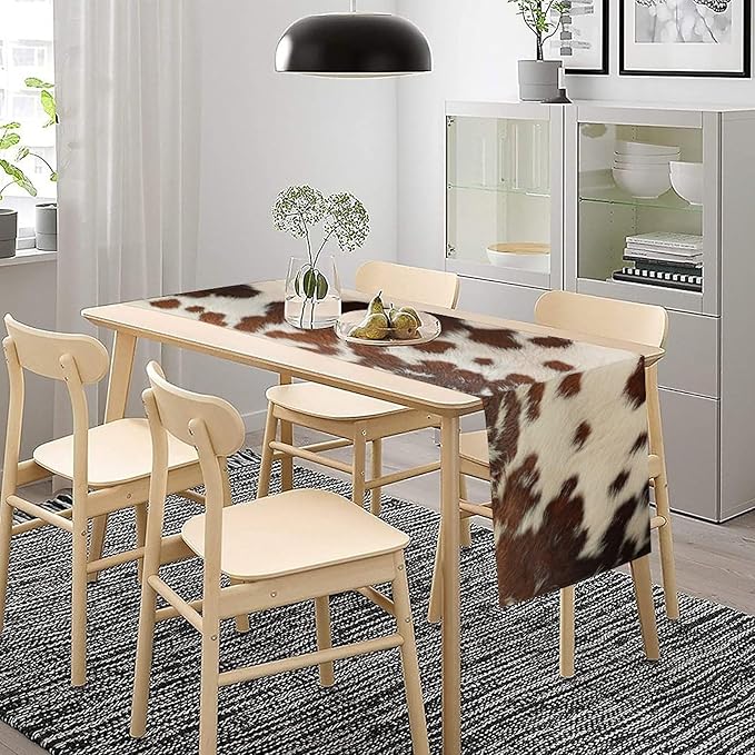 Cow Print Table Runner, Western White Brown Cowhide Rustic Coffee Table Runner for Home Kitchen Dining Room Farmhouse 13x108in