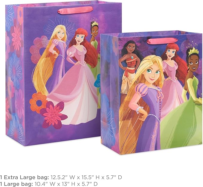 Hallmark Disney Princess Gift Bags (1 Large, 1 Extra Large) Ariel, Tiana, Rapunzel, Moana, Snow White, Belle
