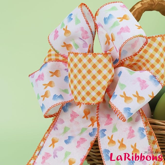LaRibbons Easter Bunny Wired Ribbon 2 Rolls 2.5 Inch x 12 Yards TTL, Orange Easter Ribbon Plaid for Baskets Crafts Spring Wreath Gift Wrapping Bow Decoration