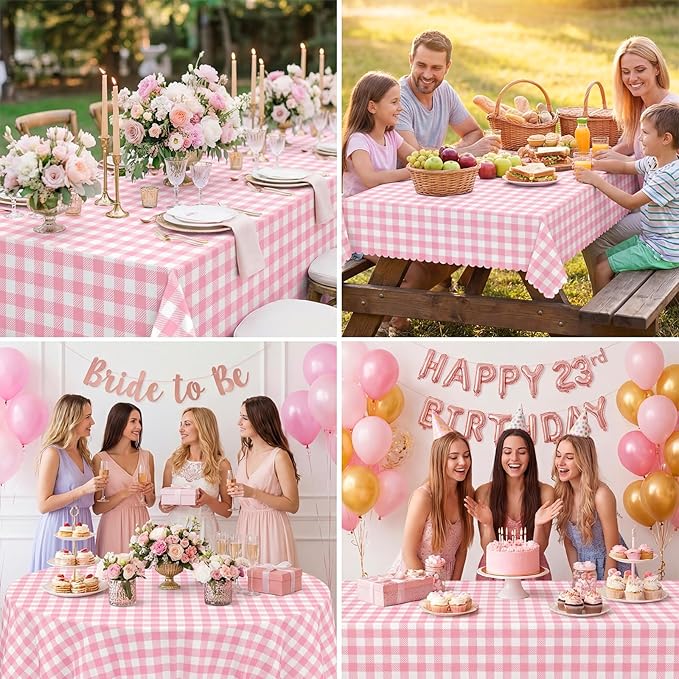 NatNarr 3 Pack Pink Gingham Tablecloths, 54 X 108Inch Scalloped Pink and White Checkered Table Cloth, Disposable Party Table Covers for Wedding Picnic Birthday Baby Bridal Shower Anniversay