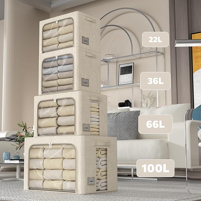 FHSQX 6 Pack Clothes Storage Bins with Metal Frame 100L Foldable Storage Bins for Clothes Linen Fabric Storage Box with Clear Window (Beige, 23.6x16.5x15.7inch(100L))