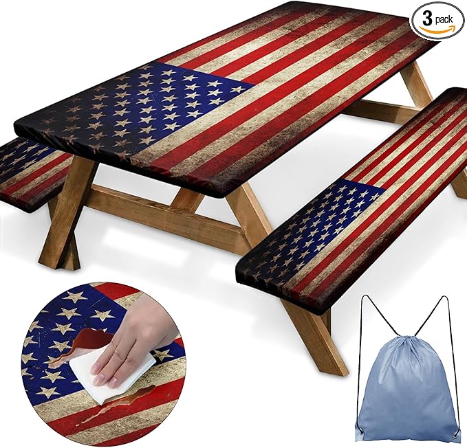 Picnic Table Cover with Bench Covers Elastic Edges, American Flag Fitted Table Cover, Outdoor Patio Camping Essentials 72 Inch 3PCS, Waterproof Camping Fitted Tablecloth with Drawstring Bag