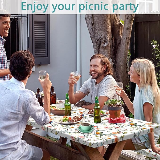 Bird Branch Picnic Table Cover with Bench Covers and Bag, Camping Essentials, Spring Summer Floral Waterproof Windproof, Fitted Tablecloth Cover with Elastic Edge for Outdoor Garden 3 PCS 30x60 Inch