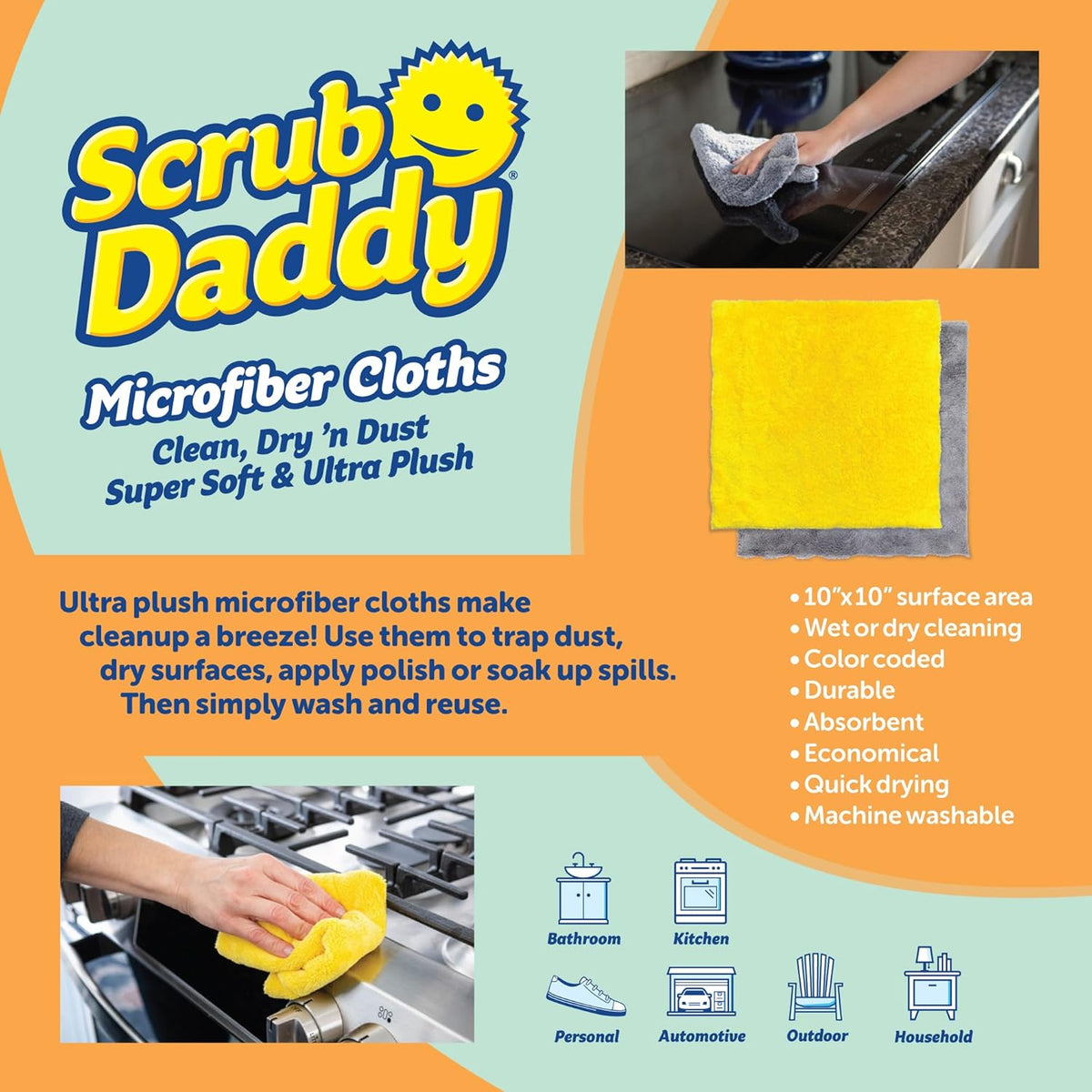 Scrub Daddy 10-Piece Microfiber Towel Set - Gentle Microfiber Cleaning Cloths - Replace Wash Cloths & Cleaning Rags with Lint Free Cloth - Streak-Free Shine on Glass, Cars & More (10 Pack)