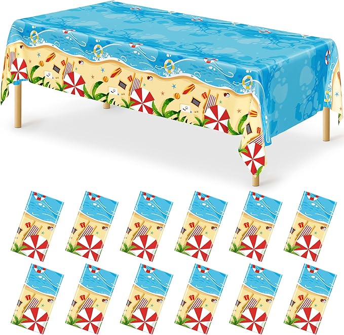QZYL 12Pcs Summer Beach Tablecloth, 54 x 108 Inch Rectangle Beach Table Cloth, Disposable Summer Plastic Tablecloth Beach Party Decorations, Hawaiian Tropical Table Cover for Birthday Picnic Supplies