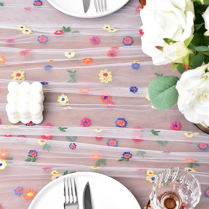 Joanlody 3pcs Ivory Embroidery Daisy Spring Summer Table Runner 10ft Florals Seasonal Easter Tulle Table Runner Holiday Kitchen Dining Table Decoration for Home Party Indoor