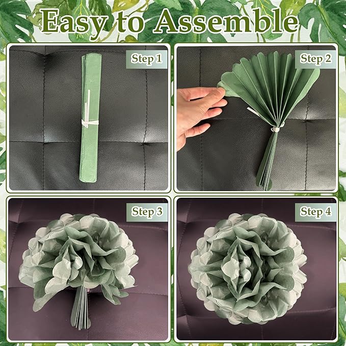 20PCS Sage Green Party Decoration,Green Paper Lanterns Fans,Pom Poms Flowers,Hanging Party Garland for Women Girls Boys Adults Birthday Party,Wedding,Baby Shower,Bridal Shower Party Decor