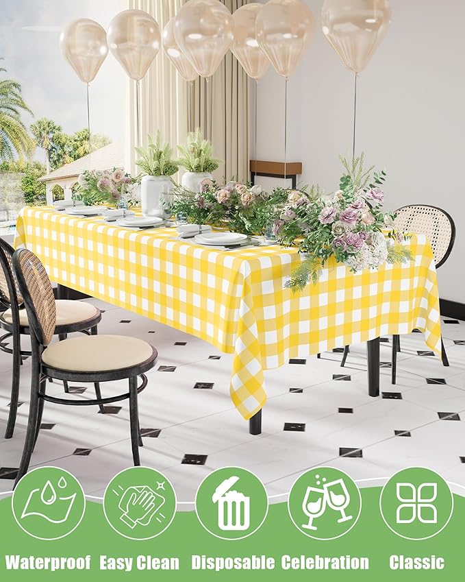 Smiry 8 Packs Gingham Disposable Table Cloth, 54 x 108 Inch Waterproof Plastic Tablecloth, Rectangle Yellow and White Checkered Table Covers for Picnic, Birthday, Party
