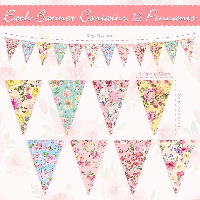 Faccito 49 Ft 5 Pcs Tea Floral Party Paper Bunting Decor Outdoor Bunting Banner Outdoor Vintage Bright Floral Paper Wildflower Garland Garden Theme Tea Party Bridal Shower Decorations for Women