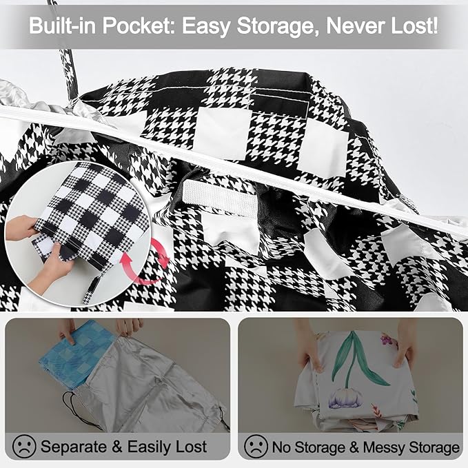 Picnic Table Cover with Bench Covers Windproof Waterproof Picnic Table Covers Camping Tablecloth with Self-Storage Bag, 72in, Black White