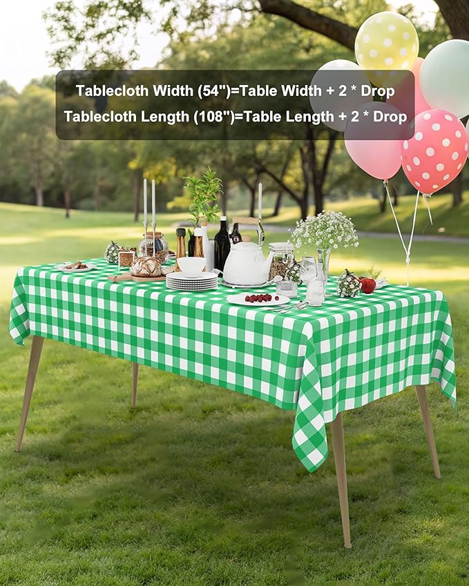 Smiry 8 Packs Gingham Disposable Table Cloth, 54 x 108 Inch Waterproof Plastic Tablecloth, Rectangle Green and White Checkered Table Covers for Party, Birthday, Picnic, Banquet