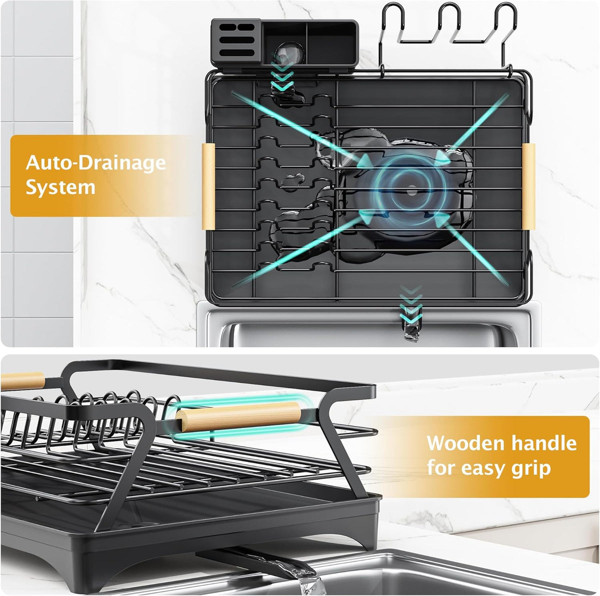 Epicano Dish Drying Rack for Kitchen Counter,Space-Saving Dish Rack,Rustproof Dish Drainer with Utensil Holder and Knife Slots for Sink