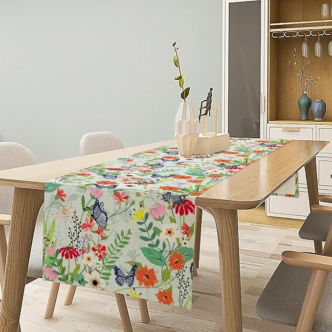 Butterfly Table Runner, Colorful Wildflower Butterfly Spring Table Runner for Holiday Kitchen Dining Home Party Outdoor 13x90in