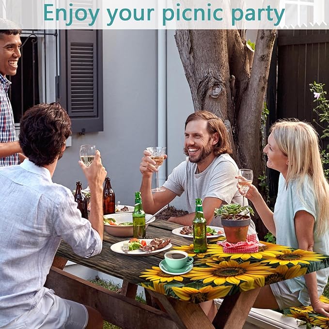 Picnic Table Cover with Bench Covers Wood Sunflower Elastic Outdoor Tablecloth Camping Essentials Waterproof Windproof Camping Tablecloth with Drawstring Bag, Fitted Rectangle Tables Seats 60X30in