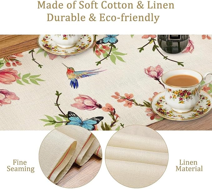 Spring Flower Table Runner, Seasonal Rustic Garden Flowers Bird Butterfly Print Table Runner for Home Kitchen Table Decor, 13x60inch