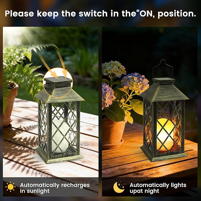 Solar Lantern Outdoor, 2 Pack 14" Waterproof Outdoor Garden Hanging Lanterns ,Flickering Dancing Flame Candle Mission Lights for Outdoor Mothers Day Gifts and Christmas