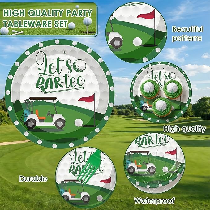 96 Pcs Golf Party Decorations Tableware Set Let's Partee Time Disposable Dessert Plates Napkins Forks for Table Supplies Favors for Birthday Party Serve 24 Guests
