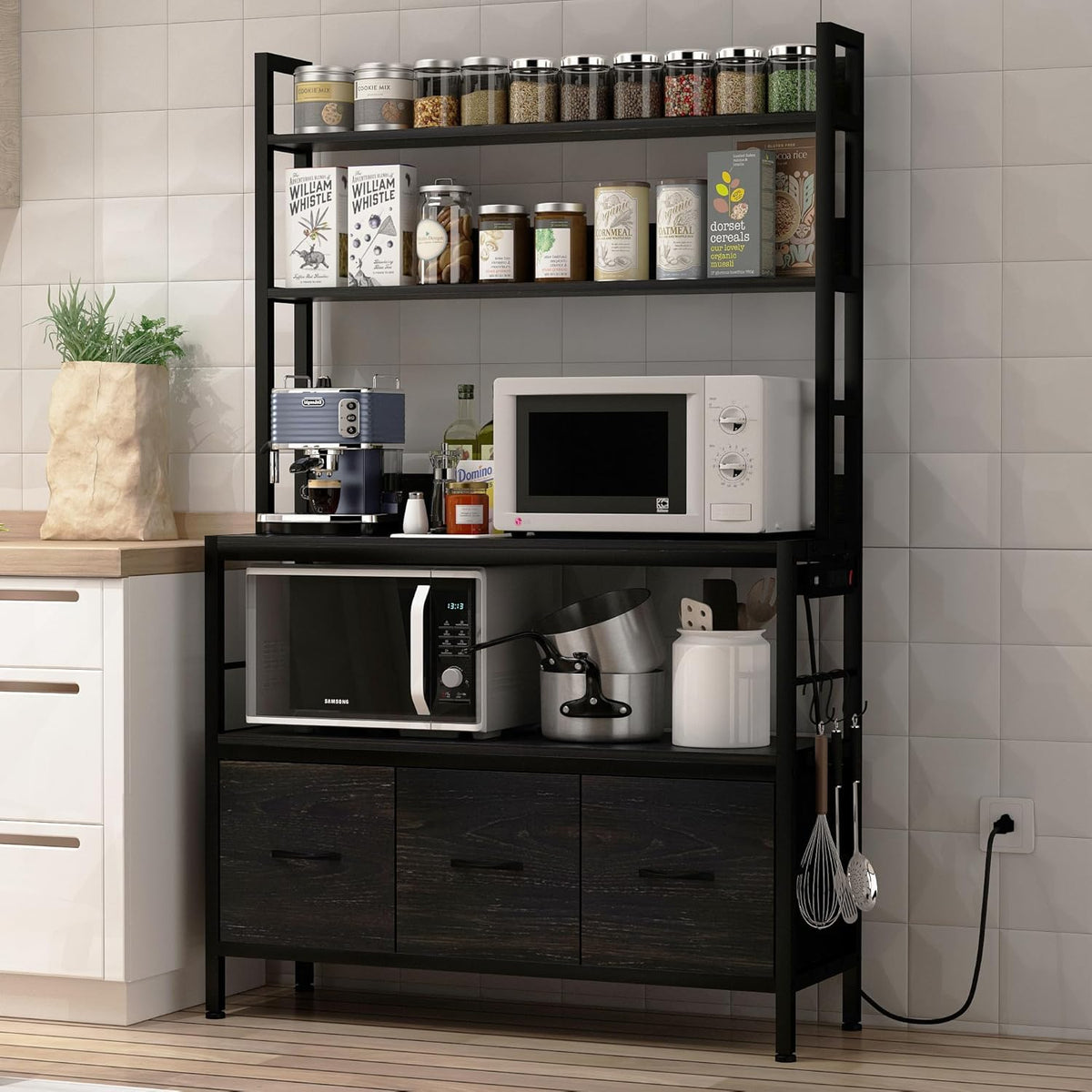 Bakers Rack with Power Outlet,5-Tier Free Standing Kitchen Storage Shelf Bakers Rack with Baskets,Industrial Microwave Oven Stand