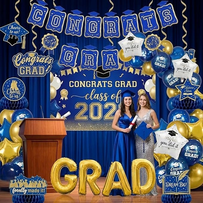 2026 Graduation Decorations Royal Blue and Gold - Congrats Grad Banner Backdrop, Hanging Swirls, Honeycomb Centerpieces & Balloons - Class of 2026 Party Supplies Set