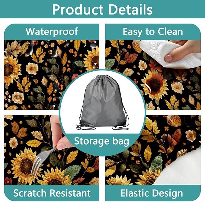 Picnic Table Cover with Bench Covers, Camping Essentials, Sunflower Flower Leaves Waterproof Windproof Patio Table Cover, Fitted Tablecloth Cover with Elastic Edge for Indoor Outdoor 3 PCS 30x72 Inch
