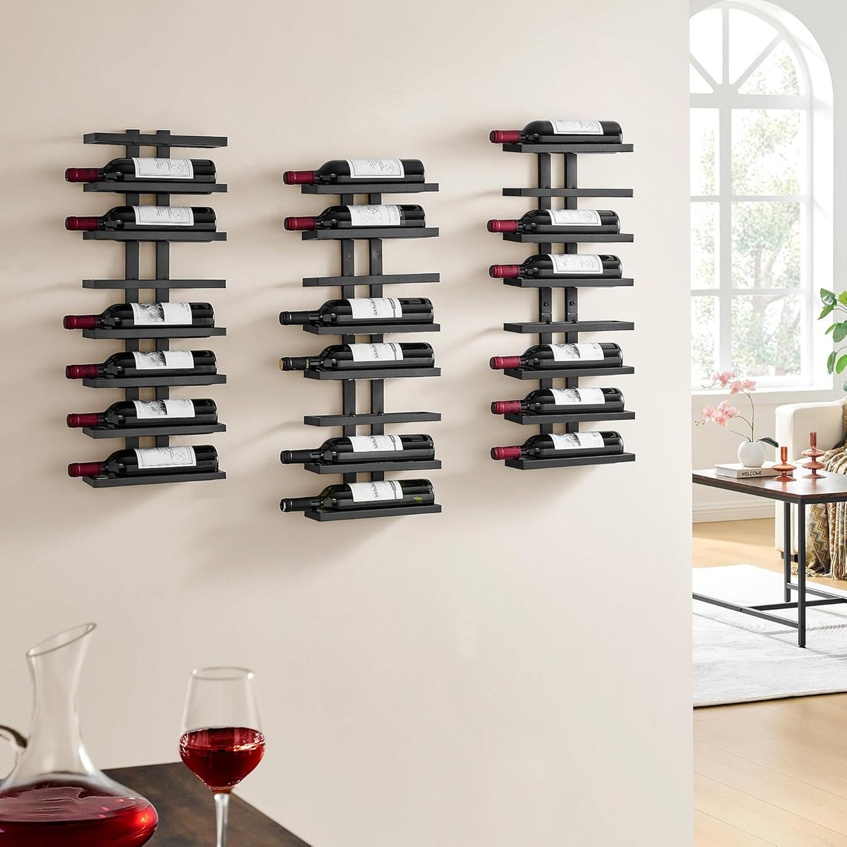 Hoctieon 3-Set 8 Tier Wall Mount Wine Rack (24 Tiers), Wall Racks for Wine Bottles Display and Storage, Hanging Bottle Organizer for Living Room, Dining Room, Wine Cellar, Bar, Black