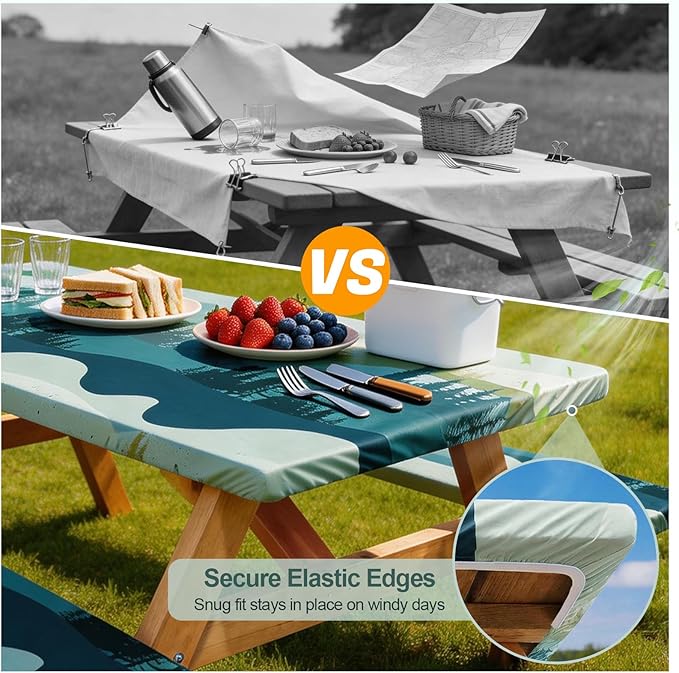 Play Tailor Picnic Table Cover with Bench Covers Camping Essentials Waterproof Windproof Camping Tablecloth with Drawstring Bag, Fitted Rectangle Tables and Seats, 60in, Green Blue