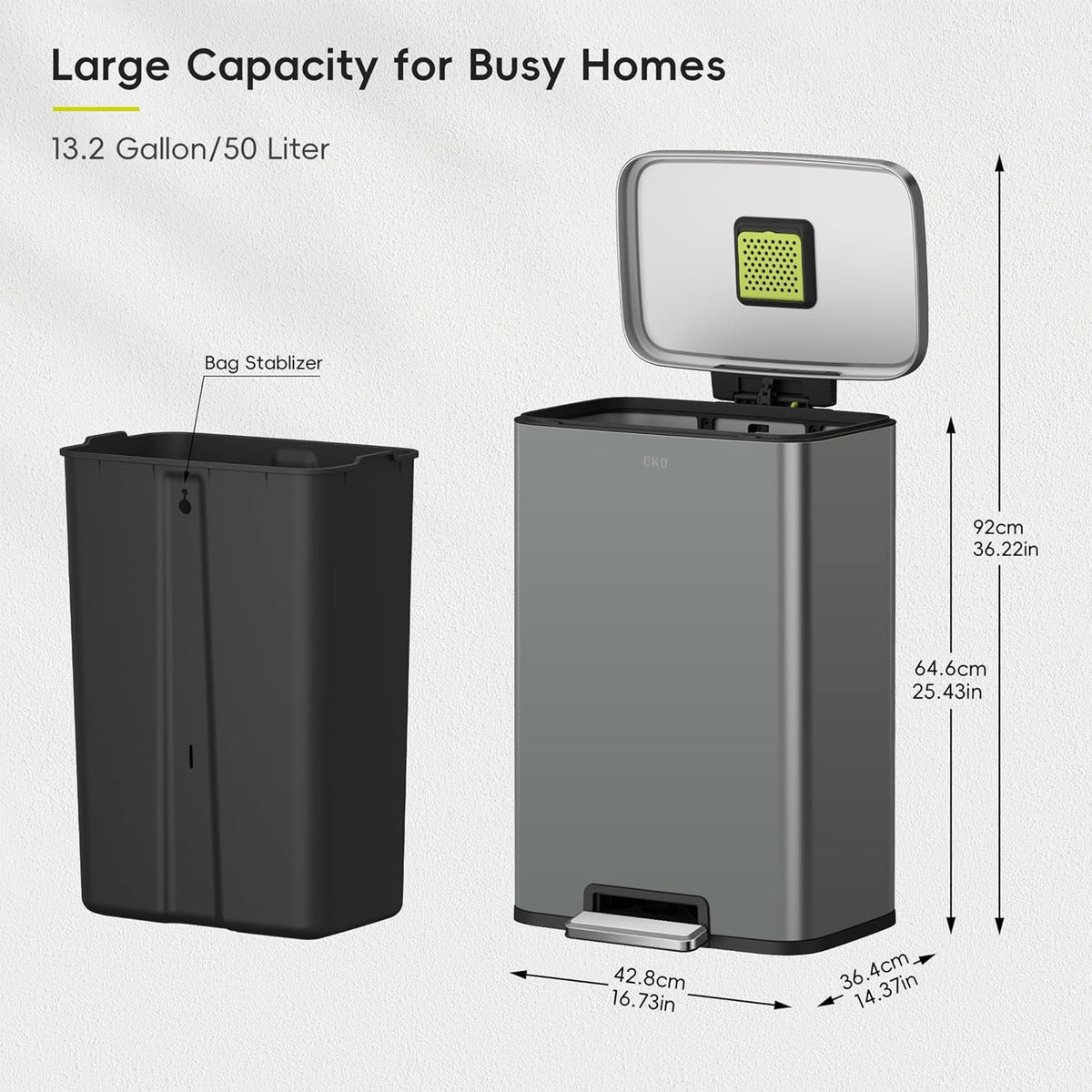 EKO Madison Nardo Grey Stainless Steel 50 Liter/13.2 Gallon Step Trash Can with Inner Liner - Fingerprint Resistant Finish
