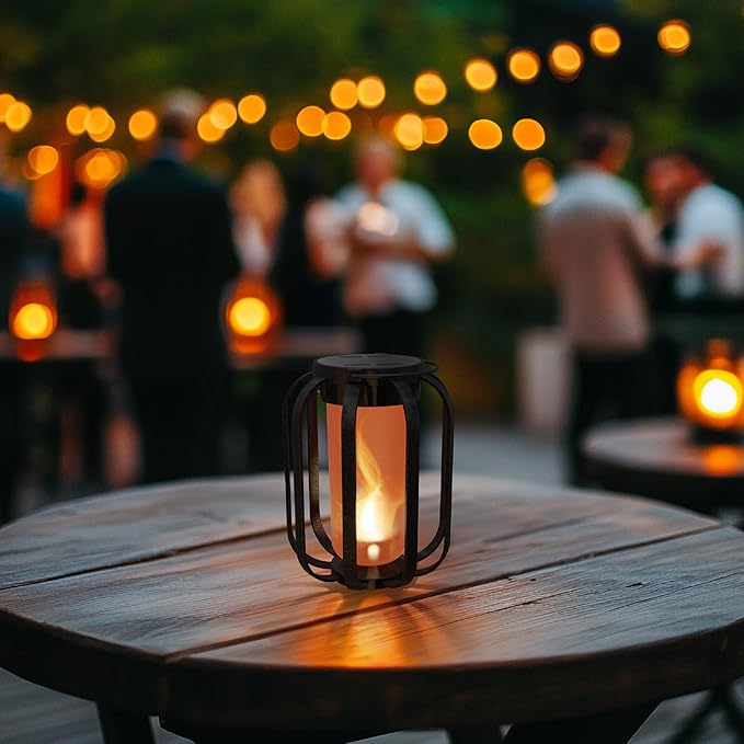 FoxFlame Modern Solar Lanterns Outdoor Waterproof - Patented Flickering LED Flame Effect, IP65 Waterproof, Matte Black Finish, Hanging Solar Lights for Outside for Patio, Garden, Porch(2 Pack)