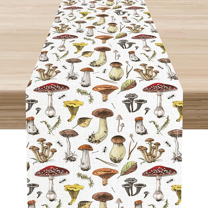 Mushroom Table Runner, Rustic Farmhouse Forest Plants Retro Botanical Country Coffee Table Center Decor for Home Kitchen Dining Patio Holiday Party Indoor Outdoor Table Decorations, 13"x108" Inch