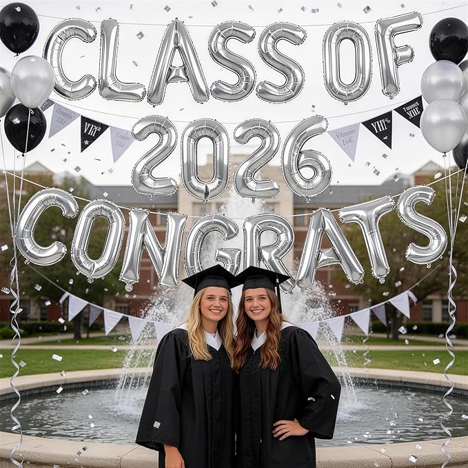 Silver Class of 2026 Congrats Balloons, 2026 Graduation Decorations 16inch Congrats Grad Foil Balloons Banner Sign for Class of 2026 College High School Graduation Prom Party Backdrop Supplies
