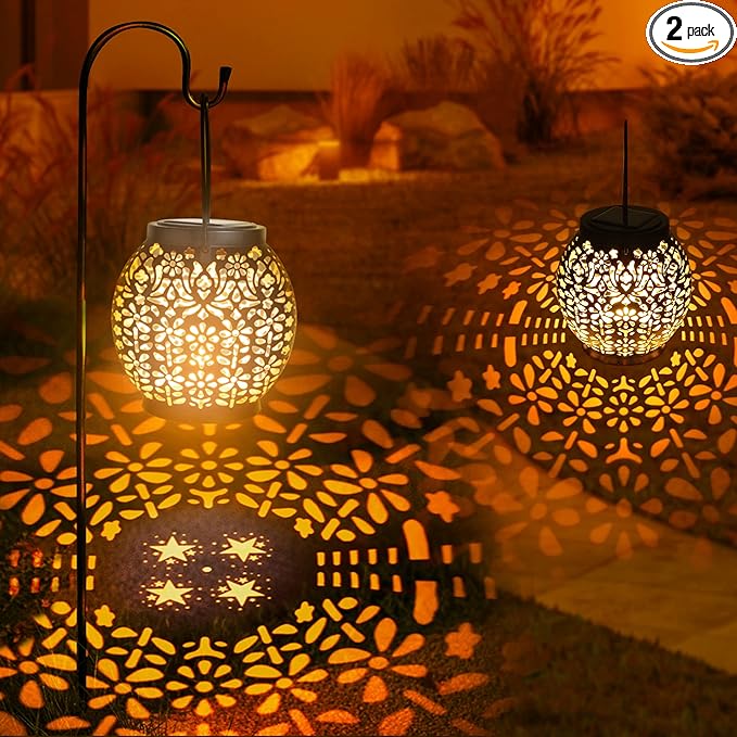 Brizled Solar Lantern Lights, 2 Pack Outdoor LED Hanging Lantern Lights with Star Projection, Warm White Solar Garden Lighting Retro Table Lanterns Light Waterproof for Garden Patio Courtyard Path