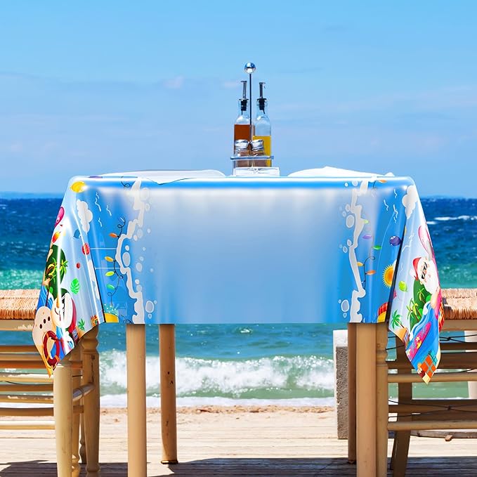 QZYL 3 Pcs Christmas July Tablecloths, 51 x 86.6 Inch Waterproof Summer Christmas Tablecloth, Disposable Santa Plastic Rectangle Table Cover, for Pool Beach Indoor Outdoor July Xmas Decorations