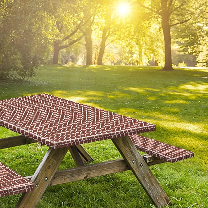 8ft Picnic Table and Bench Cover, Camping Essentials RV Gear, 96 in Waterproof Windproof Outdoor Elastic All Around Tablecloth, Fitted Rectangle Tables and Seats, Coffee-White Moroccan