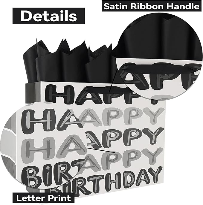 Qirrmiy 16.5" Extra Large Black Happy Birthday Gift Bag Set with Handles, Greeting Card, Tissue Papers and Stickers for Men Boys Kids Teens, Words Design, 1 Pcs