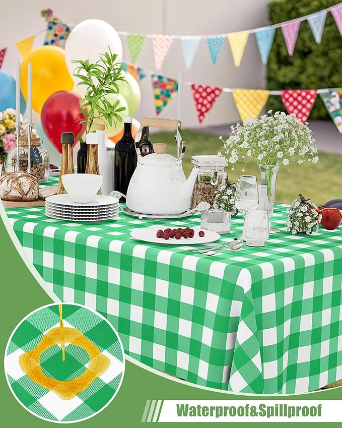 Smiry 20 Packs Gingham Disposable Table Cloth, 54 x 108 Inch Waterproof Plastic Tablecloth, Rectangle Green and White Checkered Table Covers for Picnic, Birthday, Party