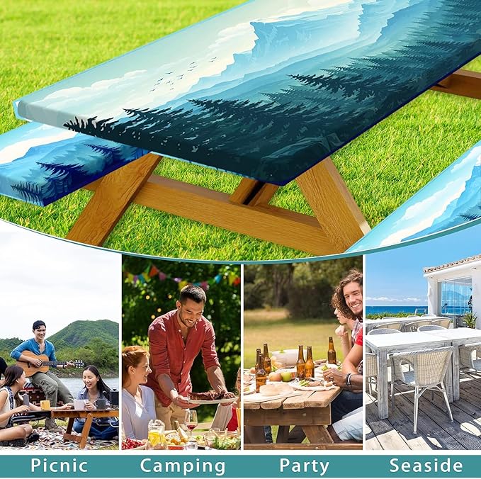 Picnic Table Cover with Bench Covers and Bag, Forest Mountain Sunset Camping Tablecloth, Waterproof Windproof Oilproof Elastic Edges Fitted Tables Cover for Indoor Outdoor 3PCS 30x72 Inch (Green)