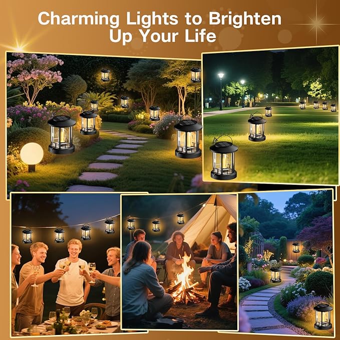 Solar Lights Outdoor Hanging Lantern, Solar Lanterns Waterproof for Patio Decor with Clip, Retro High Brightness Solar Powered Hanging Lamp for Garden, Path, Walkway, Porch, Pack 2