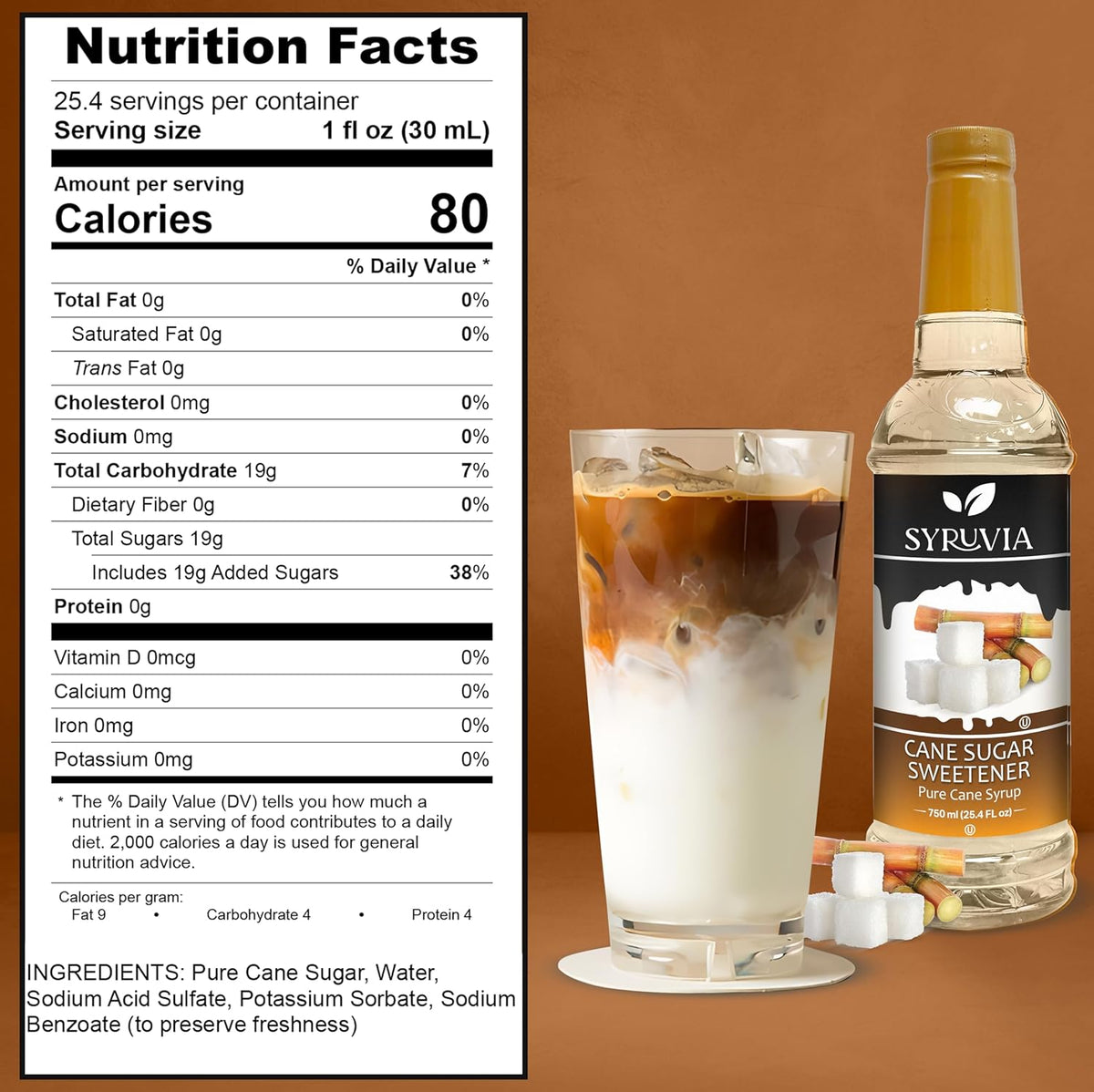 Syruvia Cane Sugar Sweetener Coffee Syrup - 25.4 fl oz. Premium Coffee Flavoring Syrup. Kosher and Gluten-Free. Perfect for Enhancing Drinks, Sodas